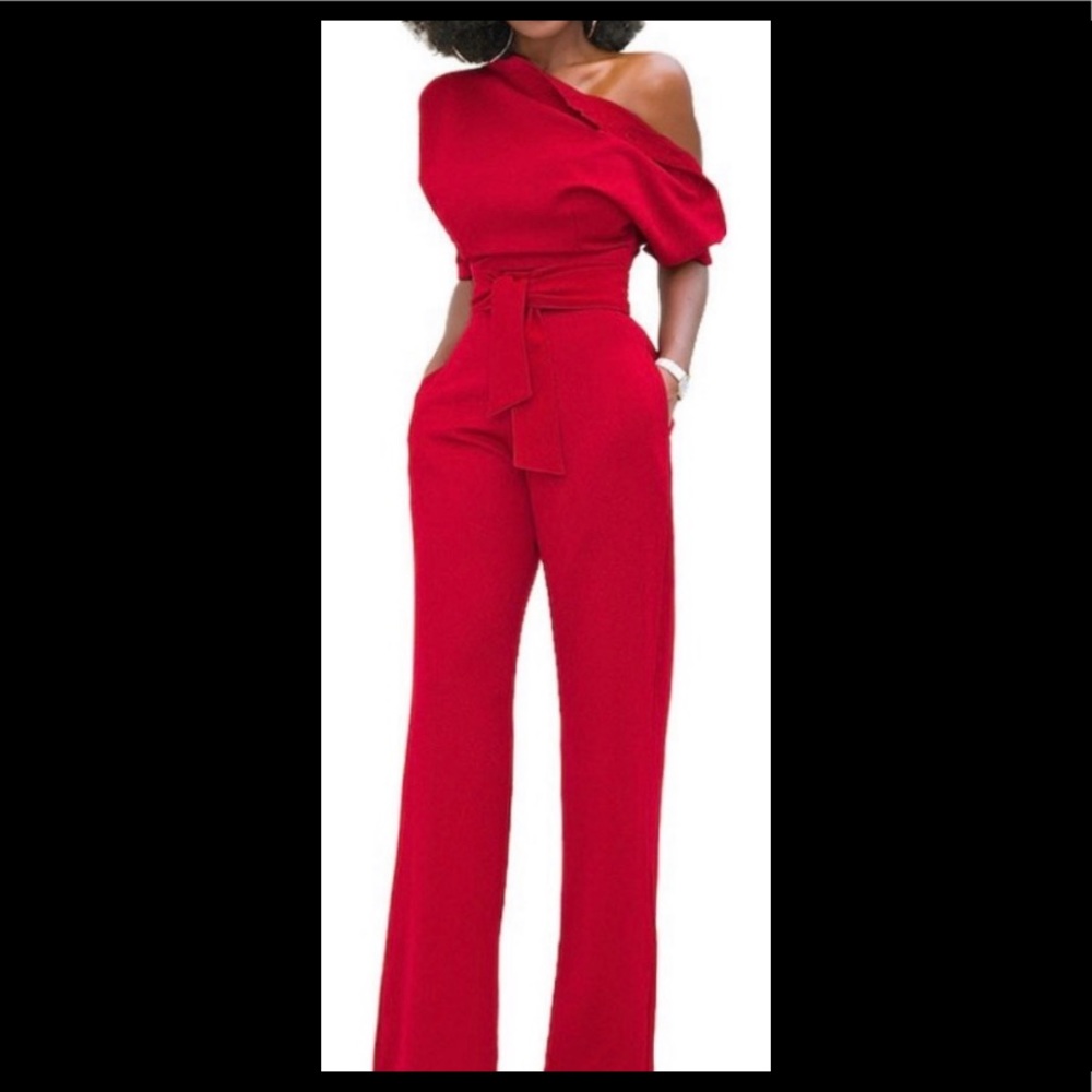 Red off the shoulder pants jumpsuit